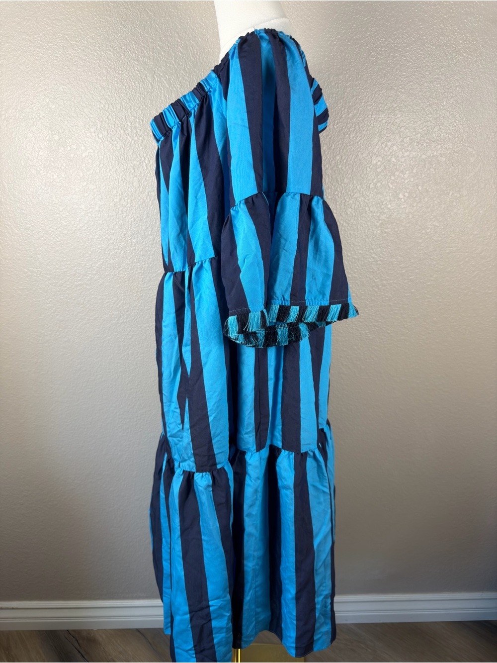 NWT Trina Turk Turquoise and Navy Off-Shoulder Striped Tiered Beach Dress, XL - Picture 6 of 8